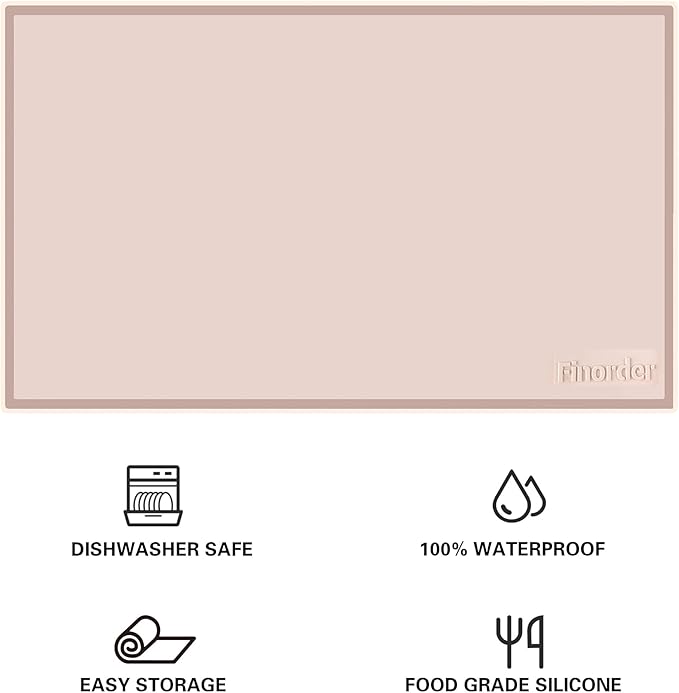 Finorder 34"x 21" 100% Silicone Pet Feeding Mat, Higher Raised Edges and Slip Resistant Pet Food and Water Bowl Mat, Waterproof Pet Food Placemat Silicone Tray, Dishwasher Safe (Beige)
