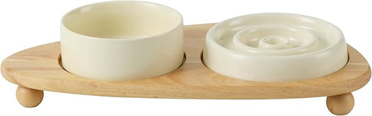 Ceramic Slow Cat Feeder Set, Raised 6.1-inch Slow Cat Food Dish and 5.1-inch Water Bowl with Wooden Stand, Circle Shape. (2 x Bowl with Stand - Beige, 6inch)
