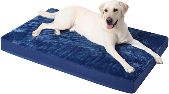KSIIA Orthopedic Dog Crate Bed Waterproof Dog beds for Large Dogs Deluxe Plush Washable Pet Mat with Egg Crate Foam & Removable Cover, 35 x 22 Inch, Blue