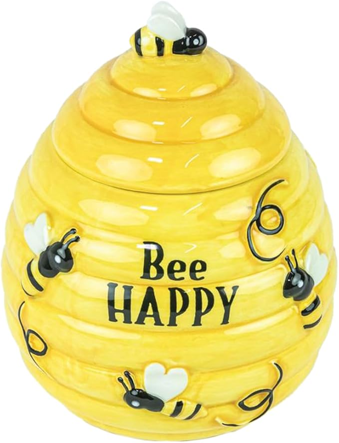 Hanna's Handiworks Bee Happy Honey Hive Mini Cookie Jar – Ceramic Bee Hive Pot Canister with Lid for Sweets & Treats, Tea, Desserts – Kitchen Countertop Decor for Parties at Home, Office, & School