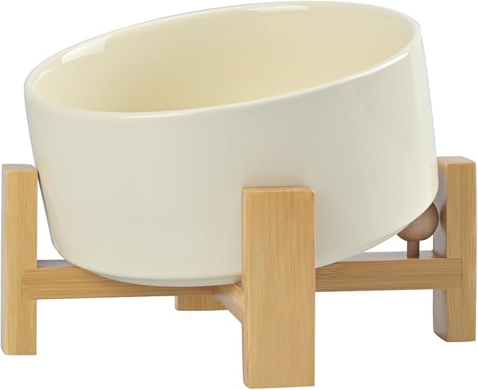 SPUNKYJUNKY 15° Slanted Ceramic Dog and Cat Bowl with Wooden Stand, Tilted Bulldog Food and Water Bowl No Slip Non-Spill for Cats Medium Dogs Big Face Pets 28.7 OZ (3.6 Cups, Beige)