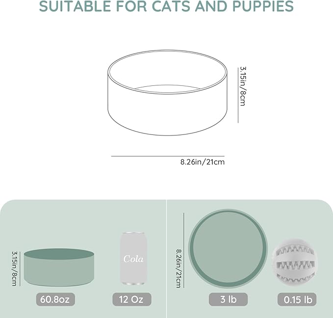 SPUNKYJUNKY 60OZ Ceramic Dog and Cat Bowl, Modern Cute Weighted Food Water Bowl for Replacement Morandi Green (2 Pack)
