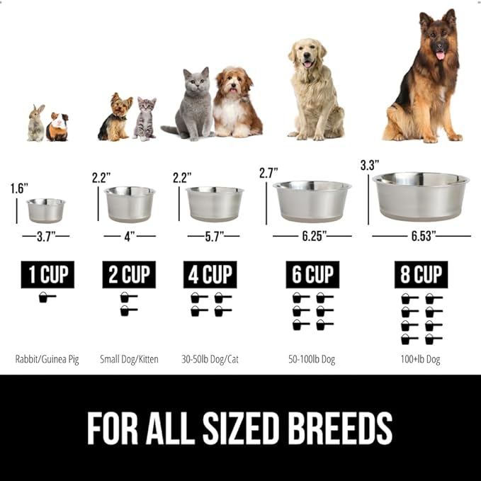 GORILLA GRIP Dog Bowls, Holds 2 Cups Each (16 fl oz), Heavy Duty Stainless Steel Food and Water Bowl for Feeding Dogs and Cats, Dishwasher Safe, Rust Resistant, BPA Free Rubber Base, Set of 2 Beige