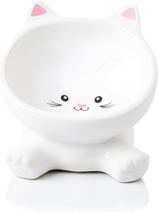 Elevated Cat Bowls, 4.9 Inch Ceramic 3D Raised Cat Food Bowl for Whisker Fatigue, Slanted Cute Kitten Food Bowl & Porcelain Water Dish 4.5 OZ, Anti-Vomiting, Protects Pet’s Spine, 1 Piece