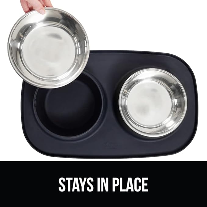 GORILLA GRIP Feeding Mat Set, Patent Pending 100% Waterproof BPA Free Silicone, Stainless Steel Cat and Dog Bowls, Slip Resistant, High Edges Catch Water Food, US Designed Pet Accessories, 2 Cup Black