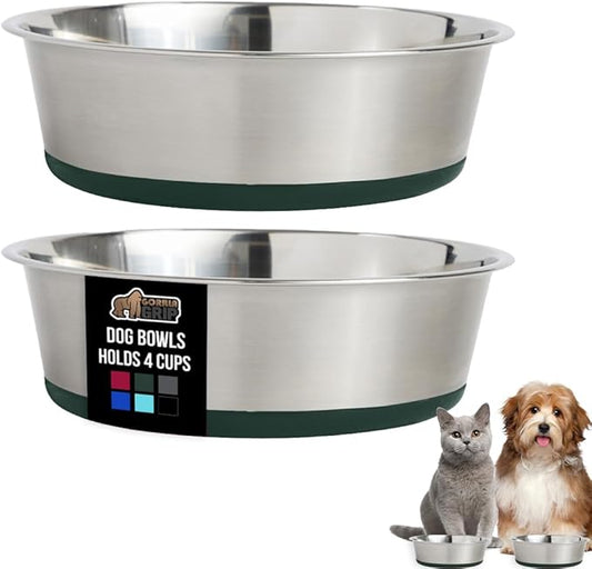 GORILLA GRIP Dog Bowls, Holds 4 Cups Each (32 fl oz), Heavy Duty Stainless Steel Food and Water Bowl for Feeding Dogs and Cats, Dishwasher Safe, Rust Resistant, BPA Free Rubber Base, Set of 2 Green