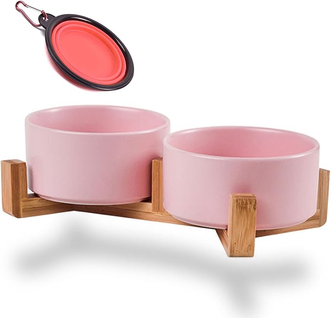 Petygooing Ceramic Cat Dog Bowl Set with Stand,Pink Pet Food and Water Dish,Small Dog Bowls Anti Slip Set of 2 Cat Bowls Pet Food Dishes Pet Bowl Small Size Pet (13.5OZ/5.1 in)