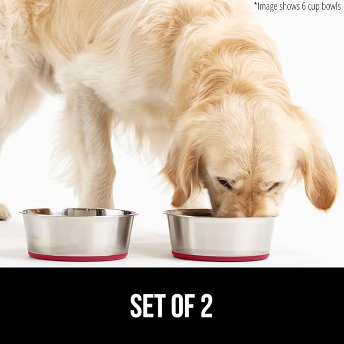 GORILLA GRIP Dog Bowls, Holds 4 Cups Each (32 fl oz), Heavy Duty Stainless Steel Food and Water Bowl for Feeding Dogs and Cats, Dishwasher Safe, Rust Resistant, BPA Free Rubber Base, Set of 2 Red