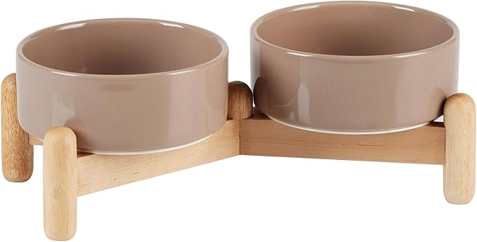 Ceramic 5.1inch Raised Double Bowls Set with Wooden Stand, Elevated Food & Water Bowls for Small Breed Dogs, Cats, Kitty, Weighted Dog Dishes, Pet Bowls(13.5oz, Brown Coffee)