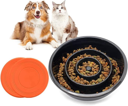 GH Ceramic Slow Feeder Dog Bowl, 3 Cups, 2 Pet Flying Discs Included - Black