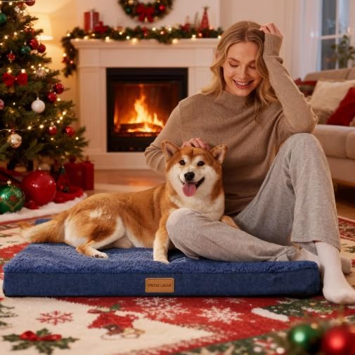 Patas Lague Orthopedic Jumbo Dog Bed for Large Sized Dog 56''X40'', Soft Waterproof Egg Crate Foam Large Pet Crate Beds Mat with Removable Washable Cover and Non-Slip Bottom, Navy Blue