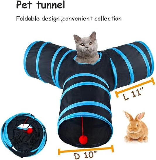 Cat Tunnel Tube Toy Collapsible 3 Way Black Blue, Pet Tunnels for Indoor Cats, Play Tubes with Hanging ball Perfect for Kitten, Puppy, Rabbit, Interactive Toys for Fun Playtime & Exercise