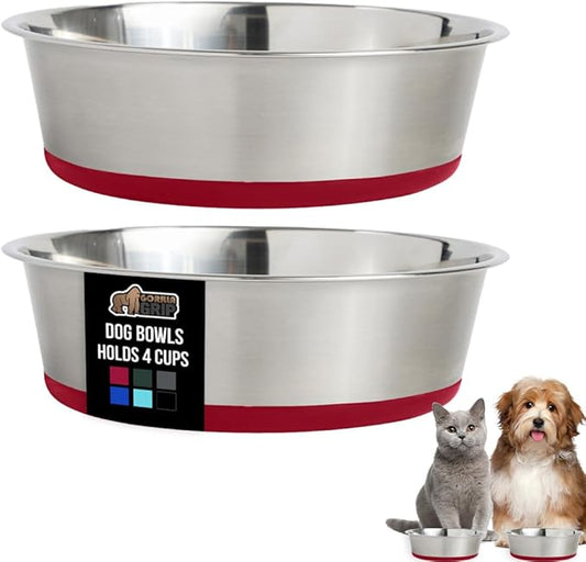 GORILLA GRIP Dog Bowls, Holds 4 Cups Each (32 fl oz), Heavy Duty Stainless Steel Food and Water Bowl for Feeding Dogs and Cats, Dishwasher Safe, Rust Resistant, BPA Free Rubber Base, Set of 2 Red