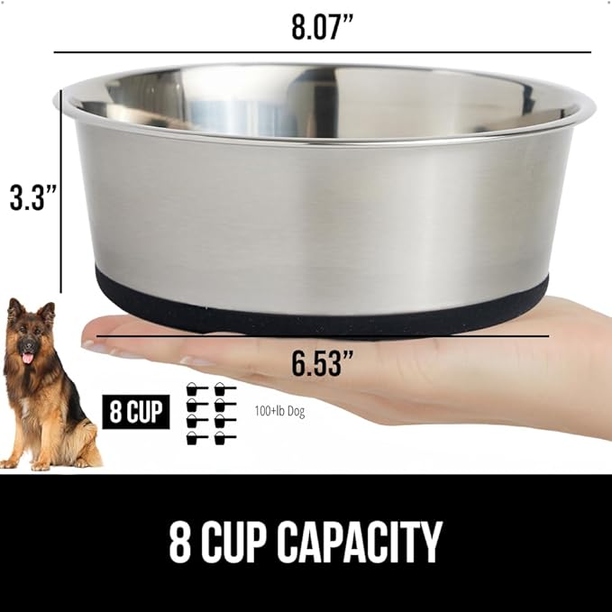 GORILLA GRIP Set of 2 Dog Bowls, Holds 8 Cups (64 fl oz), Heavy Duty Metal Food and Water Bowl for Feeding Dogs and Cats, Dishwasher Safe, Rust Resistant Stainless Steel, BPA Free Rubber Base, Black