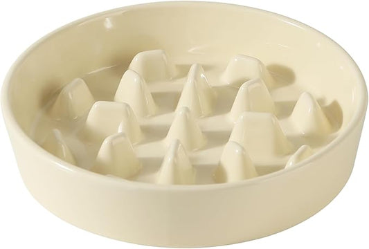 Ceramic 3.2 Cup Dog Bowl Slow Feeder, 9.5 inch Slow Pet Food Dish for Large Dog, Stop Bloat, Preventing Choking(Single Bowl, Beige)