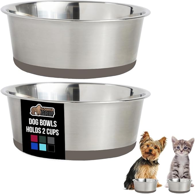 GORILLA GRIP Dog Bowls, Holds 2 Cups Each (16 fl oz), Heavy Duty Stainless Steel Food and Water Bowl for Feeding Dogs and Cats, Dishwasher Safe, Rust Resistant, BPA Free Rubber Base, Set of 2 Beige