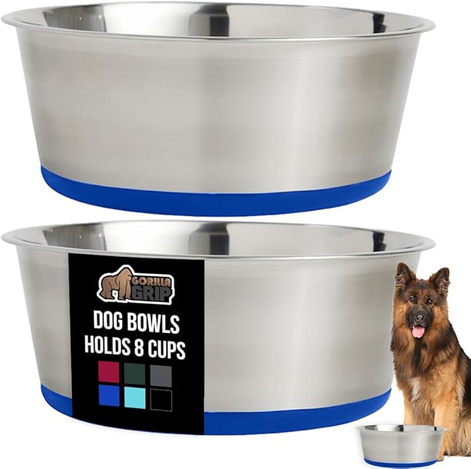 GORILLA GRIP Set of 2 Dog Bowls, Holds 8 Cups (64 fl oz), Heavy Duty Metal Food and Water Bowl for Feeding Dogs and Cats, Dishwasher Safe, Rust Resistant Stainless Steel, BPA Free Rubber Base, Blue