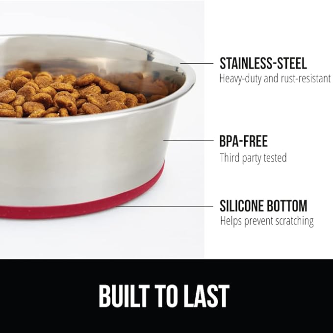 GORILLA GRIP Dog Bowls, Holds 4 Cups Each (32 fl oz), Heavy Duty Stainless Steel Food and Water Bowl for Feeding Dogs and Cats, Dishwasher Safe, Rust Resistant, BPA Free Rubber Base, Set of 2 Red