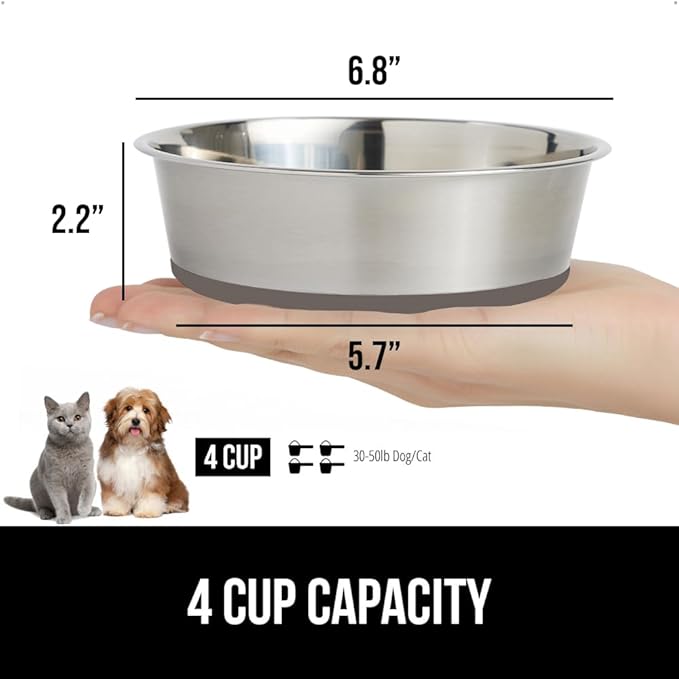 GORILLA GRIP Dog Bowls, Holds 4 Cups Each (32 fl oz), Heavy Duty Stainless Steel Food and Water Bowl for Feeding Dogs and Cats, Dishwasher Safe, Rust Resistant, BPA Free Rubber Base, Set of 2 Beige
