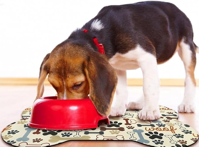 Dog Food Mats for Floors Waterproof, Pet Feeding Absorbent Water Bowl Mat Cat Placemats Beige Bone Shape 19 * 12 inch
