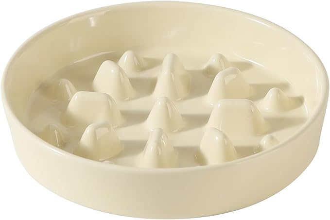 Ceramic 1.6 Cup Dog Bowl Slow Feeder, 8.2 inch Slow Pet Food Dish for Medium and Large Dog, Stop Bloat, Preventing Choking(Single Bowl, Beige)