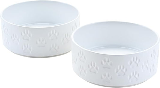SPUNKYJUNKY Ceramic Dog Bowls 2 Pack, 8.3'' Dog Food Water Double Feeding Bowls Non-Slip for Medium to Large Sized Breed Microwave Dishwasher Safe - 60 OZ, 2pcs, Paw White