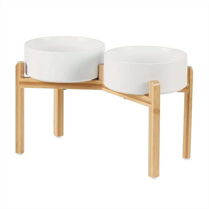 Ceramic Raised Double Bowls Set with Stand, Food & Water Bowls for Large Breed Dogs, Weighted Dog Dishes, Pet Bowl(8.2'',60OZ, White)