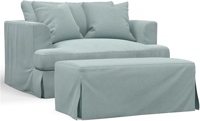 Sunset Trading Newport Slipcovered 52" Wide Chair and A Half with Ottoman | Liquid/Stain Resistant Ocean Blue Performance Fabric | Down-Filled Deep-Seated Oversized Living Room Armchair with 2 Pillows