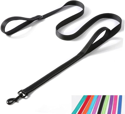 Reflective Nylon Dog Leash Heavy Duty, Two Handles with Padded for Extra Control Outside Durable Training Lead for Small Medium Large Breed Pet Dogs, 6ft Long 1-inch Width, Black