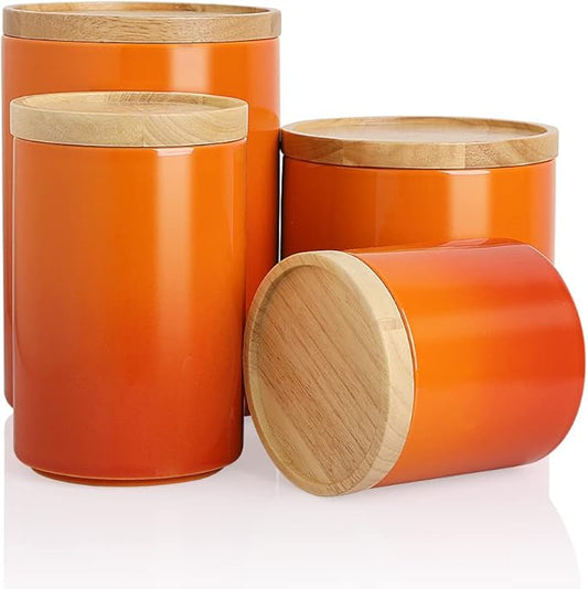 Sweejar Kitchen Canisters Ceramic Food Storage Jar Set, Stackable Containers with Airtight Seal Wooden Lid for Serving Ground Coffee, Tea, Herbs, Grains, Sugar, Salt - Set of 4 (Gradient Orange)