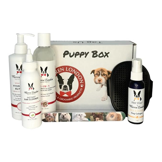 Warren London Puppy Gift Box - Complete Puppy Care Set - Includes Hydrating Butter, 2-in-1 Shampoo, Cologne, Grooming Bath Brush, Ear Cleaner and Nail File for New Pet Owners