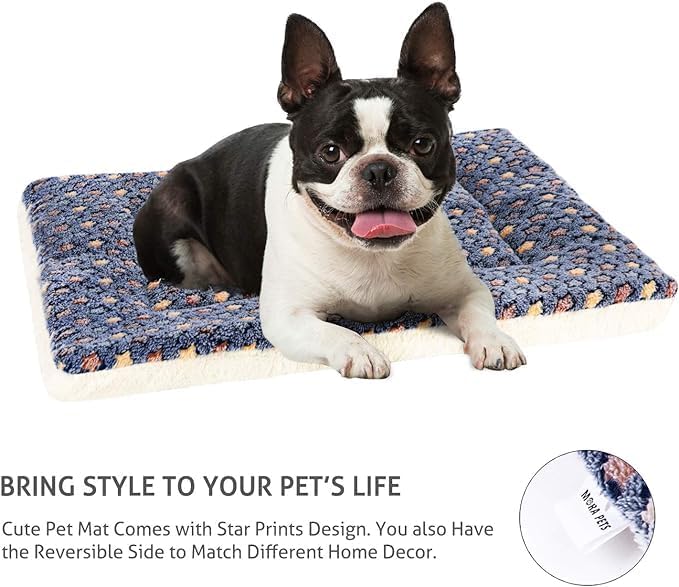 Mora Pets Dog Bed Crate Pad Ultra Soft Pet Bed with Cute Star Print Washable Crate Mat for Large Medium Small Dogs Reversible Fleece Dog Crate Kennel Mat Cat Bed Liner 29 x 21 inch Dark Blue