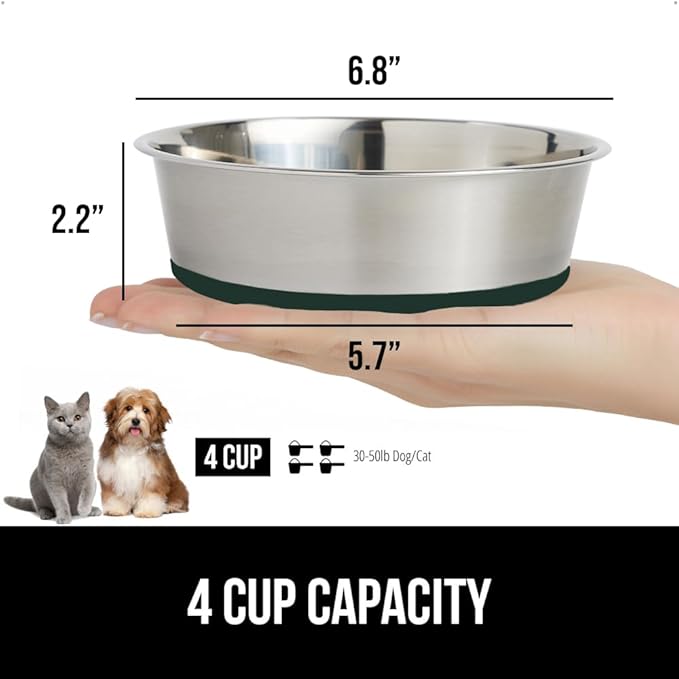 GORILLA GRIP Dog Bowls, Holds 4 Cups Each (32 fl oz), Heavy Duty Stainless Steel Food and Water Bowl for Feeding Dogs and Cats, Dishwasher Safe, Rust Resistant, BPA Free Rubber Base, Set of 2 Green