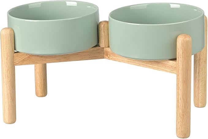 SPUNKYJUNKY Ceramics Elevated Dog Bowls with Wooden Stand Raised Bowl for Medium Large Dog Food and Water Pet Feeding Bowl(Double 60OZ Bowls,Light Green)
