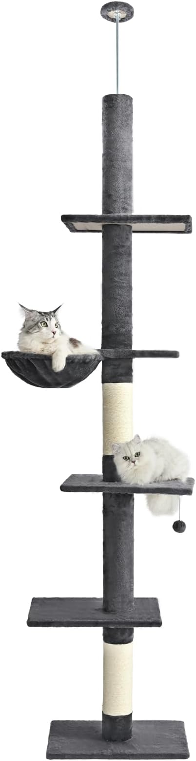 Cat Craft Floor to Ceiling Cat Tree,5 Tiers Tall Cat Tower with Adjustable Height(98-110),Skinny Ceiling Cat Tree with Cozy Hammock,Sisal Scratching Posts,Platforms,and Hanging Balls for Large Cats