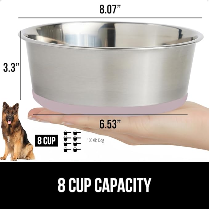 GORILLA GRIP Set of 2 Dog Bowls, Holds 8 Cups (64 fl oz), Heavy Duty Metal Food and Water Bowl for Feeding Dogs and Cats, Dishwasher Safe, Rust Resistant Stainless Steel, BPA Free Rubber Base, Lt Pink