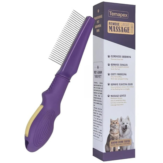 Pet Comb for Grooming Long Haired Cats & Dogs With Stainless Steel Metal Teeth for Shedding and Tangles, Non-slip & Anti-static rubber handle,Safe & Gentle Pet Grooming Comb