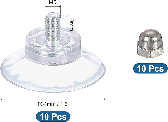 uxcell 10 Packs Suction Cups for Glass 34mm/1.3" Dia Clear PVC Window Glass Suction Sucker Pads with M5 x 8mm Screw for Window Bathroom Door Glass Wall Car Sun Shade
