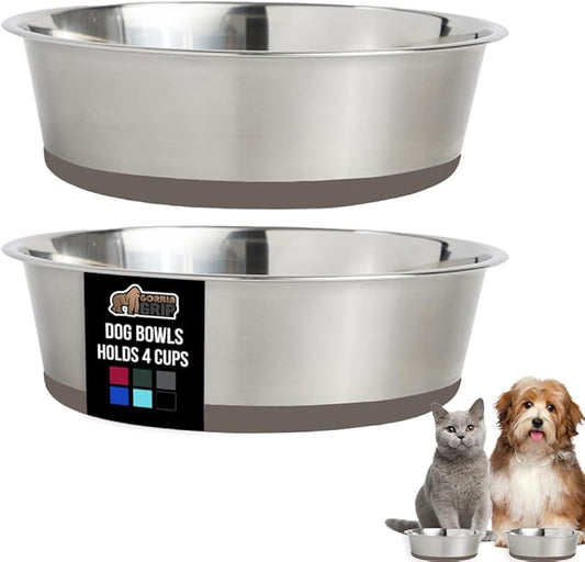 GORILLA GRIP Dog Bowls, Holds 4 Cups Each (32 fl oz), Heavy Duty Stainless Steel Food and Water Bowl for Feeding Dogs and Cats, Dishwasher Safe, Rust Resistant, BPA Free Rubber Base, Set of 2 Beige