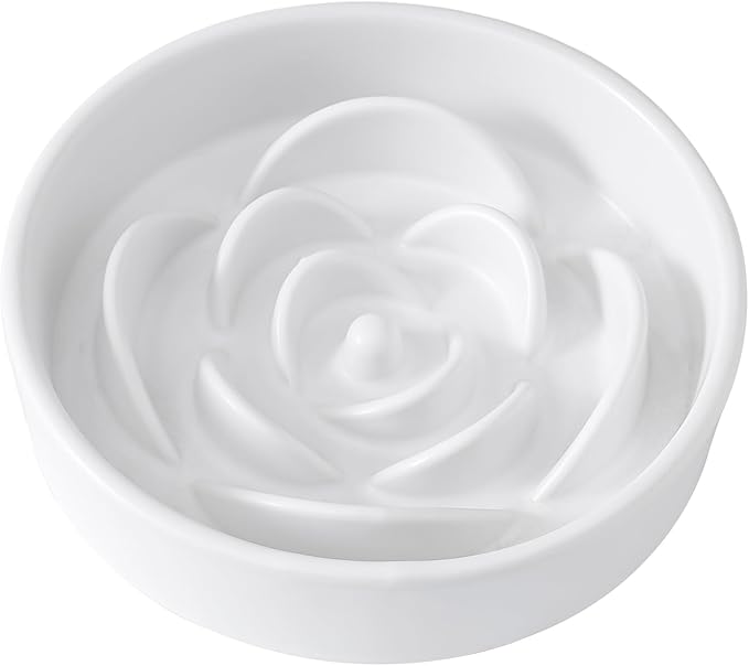 8.25'' Ceramic Slow Feeder Dog Bowls - Petal Shape Modern Dog Food Dish for Medium and Large Breeds, Puzzle Maze Bowl to Slow Down Eating, Anti-Gulping, Dishwasher & Microwave Safe, White
