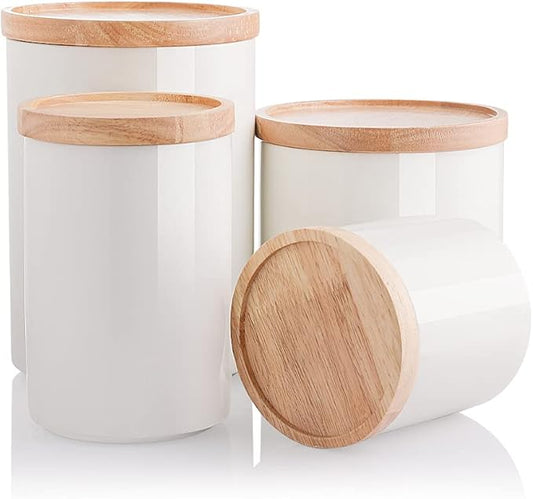 Sweejar Kitchen Canisters Ceramic Food Storage Jar Set, Stackable Containers with Airtight Seal Wooden Lid for Serving Ground Coffee, Tea, Herbs, Grains, Sugar, Salt - Set of 4 (White)