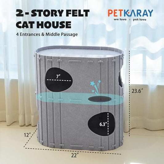 PETKARAY 2-Story Felt Cat House, Large Bed Cave for Indoor Cats, Felt Tunnel Hideaway Condo for Multi-Cat Households, 23.6x22x12 inches, Beige