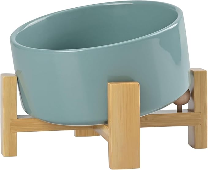 SPUNKYJUNKY 15° Slanted Ceramic Dog and Cat Bowl with Wooden Stand, Tilted Bulldog Food and Water Bowl No Slip Non-Spill for Cats Medium Dogs Big Face Pets 28.7 OZ (3.6 Cups, Light Green)