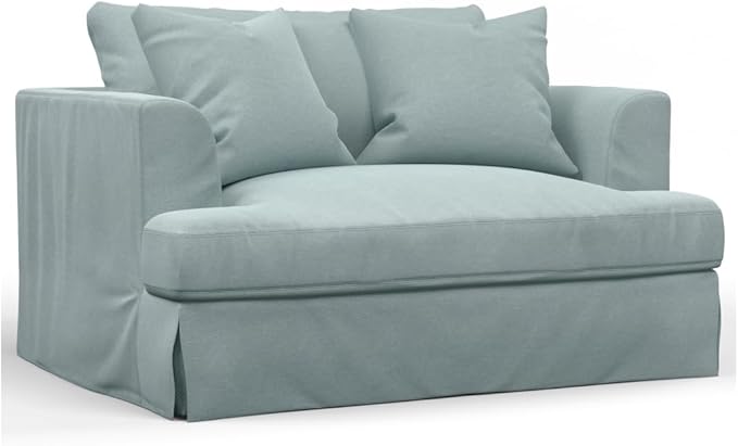 Sunset Trading Newport Slipcovered 52" Wide Chair and A Half with Ottoman | Liquid/Stain Resistant Ocean Blue Performance Fabric | Down-Filled Deep-Seated Oversized Living Room Armchair with 2 Pillows