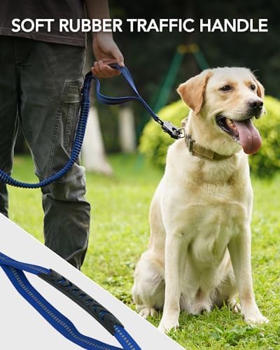 Joytale Tactical Dog Leash Heavy Duty, 4-6FT Shock Absorbing Bungee Lead with 2 Padded Handle, Metal Carabiner Clip, Car Seatbelt, Strong No Pull Leash for Medium Large X-Large Dogs, Navy Blue