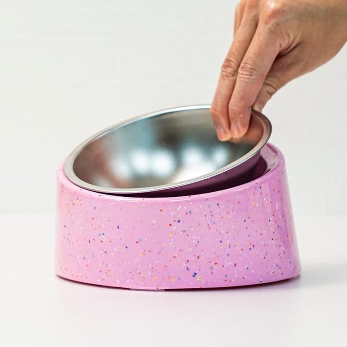 Bzyoo 2 Cup Tilted Dog Bowl for Small Dogs & Cats, Stylish Sprinkle Design, Elevated, Stainless Steel 16oz Inner Bowl, Non-Skid, Reduce Spillage, BPA-Free, Dishwasher Safe Color:Blue
