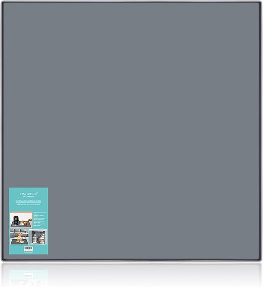 Finorder 23.6"x23.6" 100% Silicone Pet Feeding Mat, Higher Raised Edges and Slip Resistant Pet Food and Water Bowl Mat, Waterproof Pet Food Placemat Silicone Tray, Dishwasher Safe (Grey)