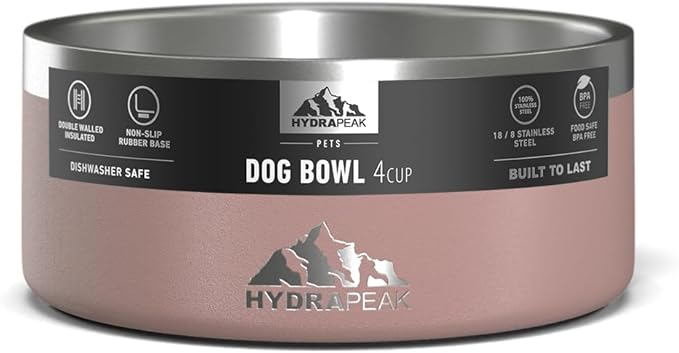 Hydrapeak Dog Bowl; Non Slip Stainless Steel; Water and Food Dish; Large Sized and Small Dogs; 32oz 64oz; Multiple Sizes; 4 Cup | Rosewood