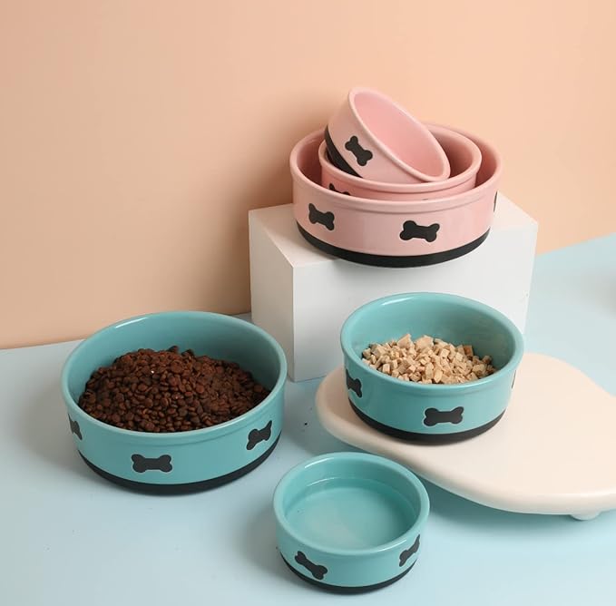 Sweejar Ceramic Dog Bowls with Bone Pattern, Dog Food Dish for Small Dogs, Porcelain Pet Bowl for Water 16 Fl Oz (New Turquoise)