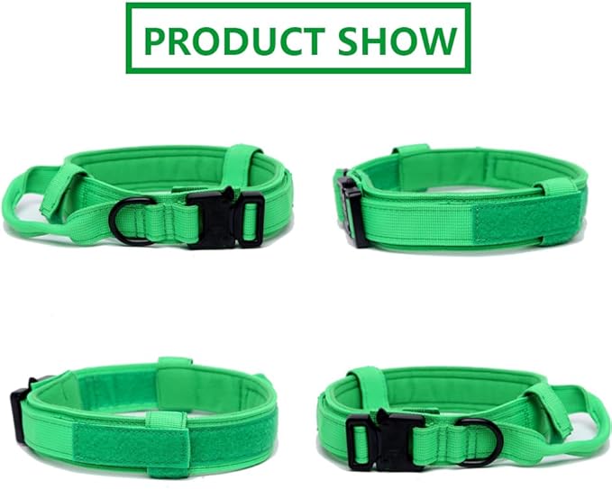 Xqpetlihai Tactical Dog Collar - Military Dog Collar - Adjustable Nylon - Heavy Duty Metal Buckle with Handle - Bright Green, Small
